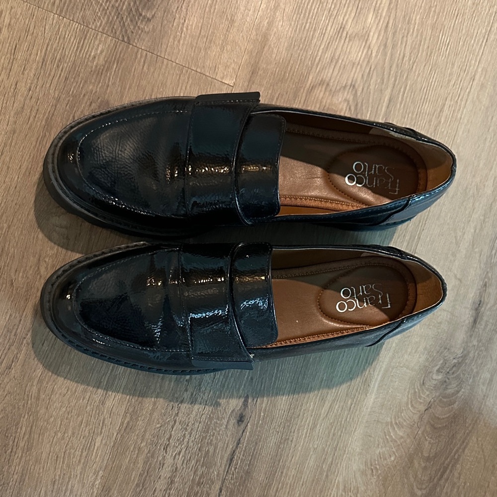 Franco Sarto Black Patent Penny Loafers with lug sole